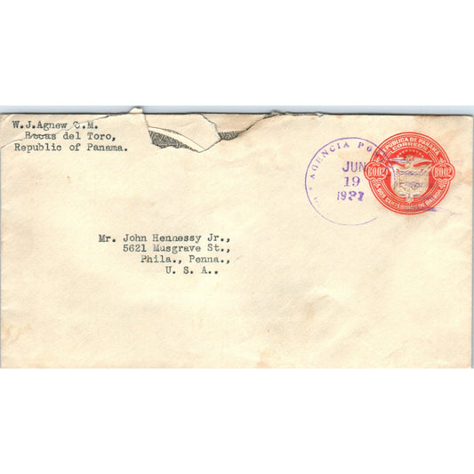 1927 Republic of Panama W.J Agnew to John Hennessy Phila St Postal Cover TG7-PC3