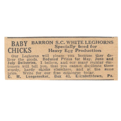 C.M. Longenecker Baby Chicks Leghorns Elizabethtown PA 1922 Magazine Ad AF2-T6
