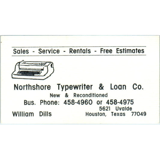 Williams Dills Northshore Typewriter Co Houston TX Vintage Business Card SE3-B2