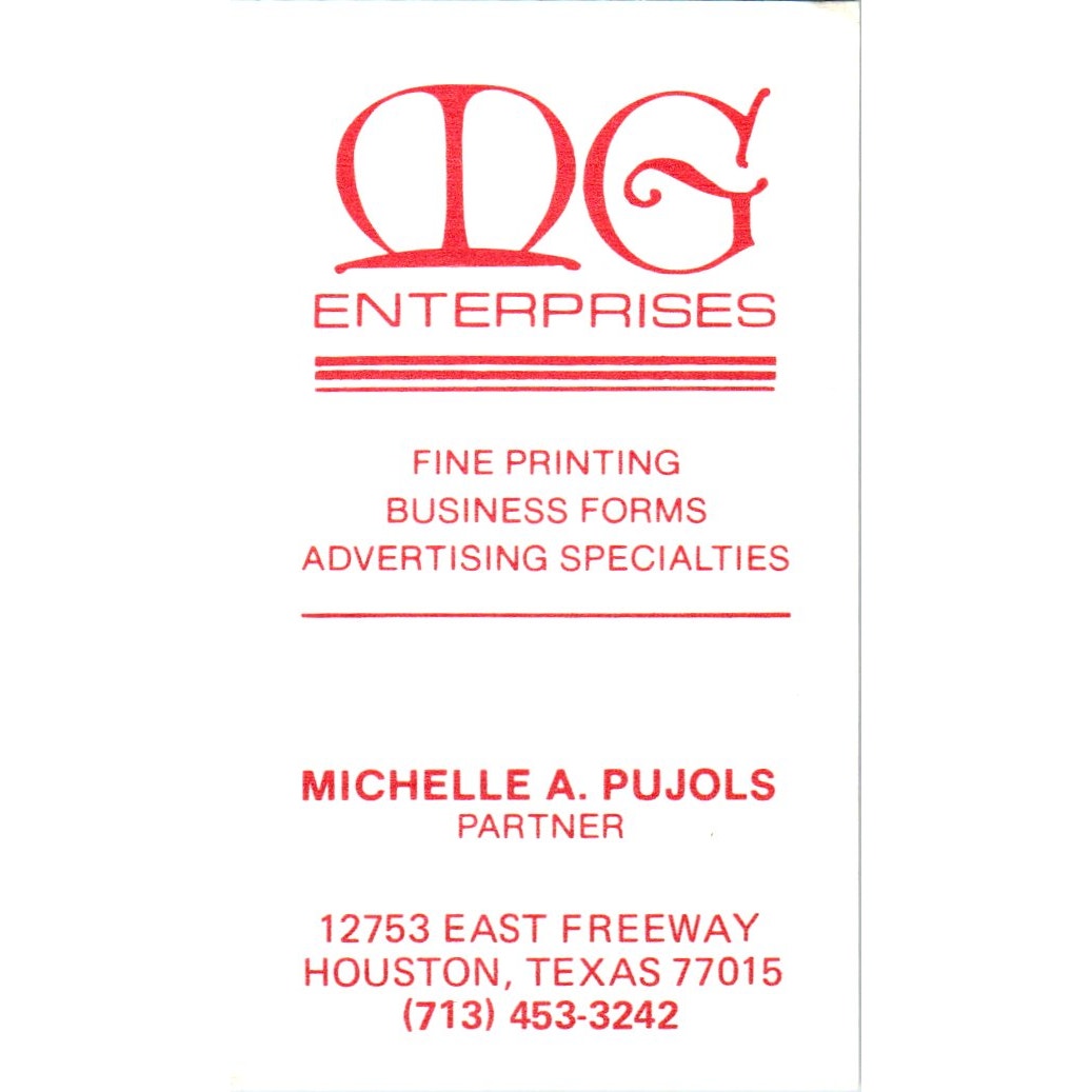 MG Enterprises Printing Michelle A. Pujols Houston Vintage Business Card SD4-B3