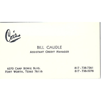 Cox's Bill Caudle Fort Worth Texas Vintage Business Card SB4-B8