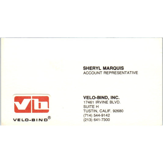 Sheryl Marquis Velo-Bind Inc Tustin CA Vintage Business Card SE3-B4