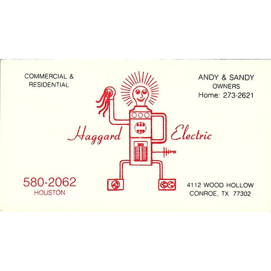 Haggard Electric Andy & Sandy Conroe Houston Texas Vintage Business Card SF3-B5