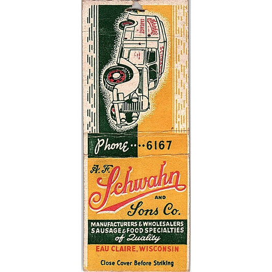 Schwahn and Sons Co Sausage Eau Claire Vintage Matchbook Cover SC7-Y6