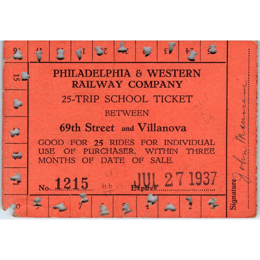 1937 Philadelphia & Western Railway Co 25-Trip School Ticket AD8-RS1