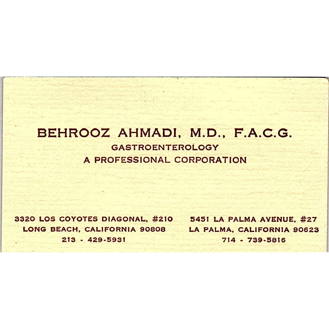 Gastroenterology Behrooz Ahmadi Long Beach CA Vintage Business Card SF3-B7
