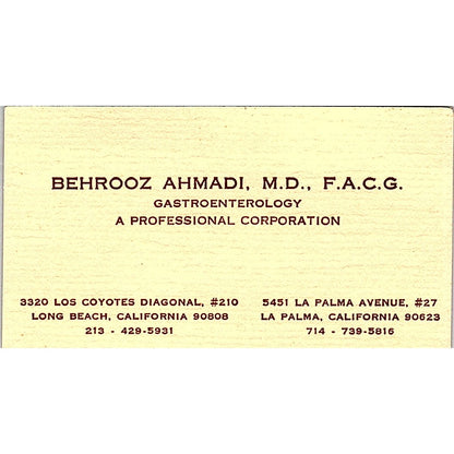 Gastroenterology Behrooz Ahmadi Long Beach CA Vintage Business Card SF3-B7