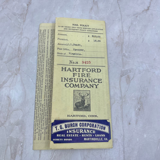 1927 Hartford Fire Ins Policy J.T. Pratt Spencer Virginia TG8-VV