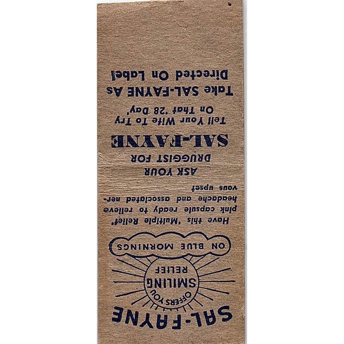 Sal-Fayne Headache Relief Vintage Matchbook Cover SC7-Y7