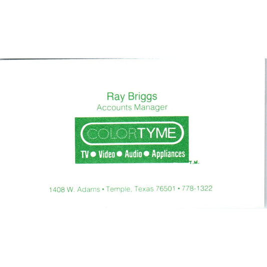 Ray Briggs Temple TX Colortyme TV Rental Vintage Business Card SD8-B5