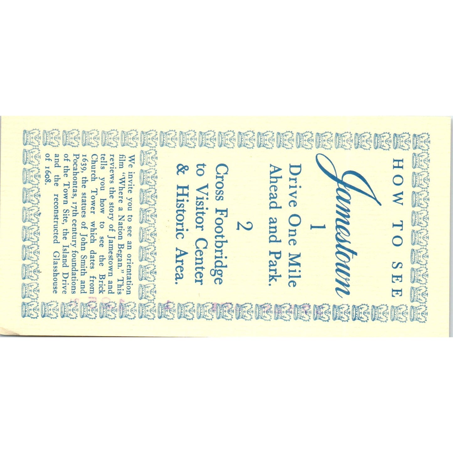 Vintage Entry to Jamestown Travel Voucher Coupon Card TF4-B4
