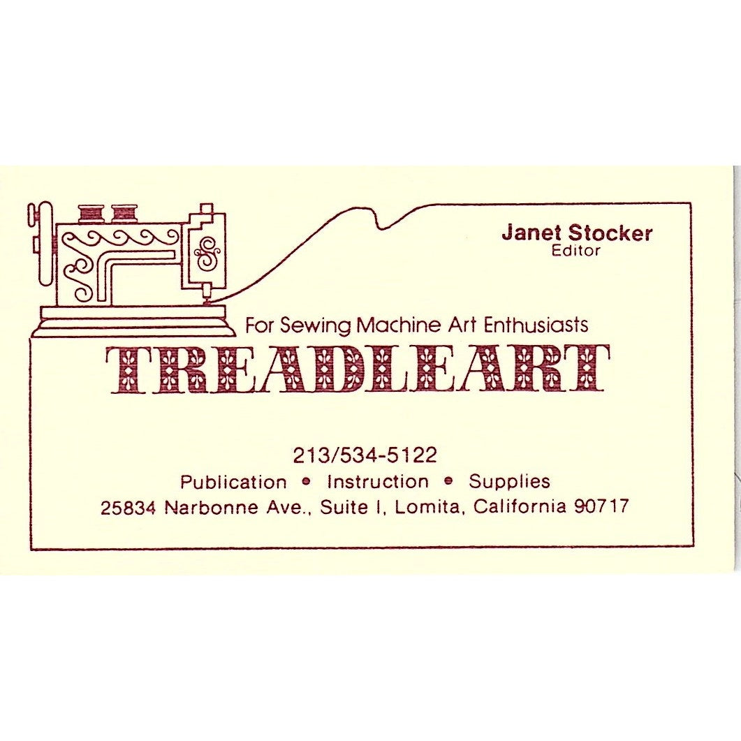 Treadleart Sewing Art Janet Stocker Lomita CA Vintage Business Card SSB4-B13