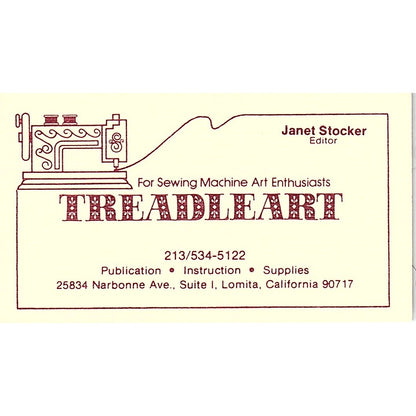 Treadleart Sewing Art Janet Stocker Lomita CA Vintage Business Card SSB4-B13