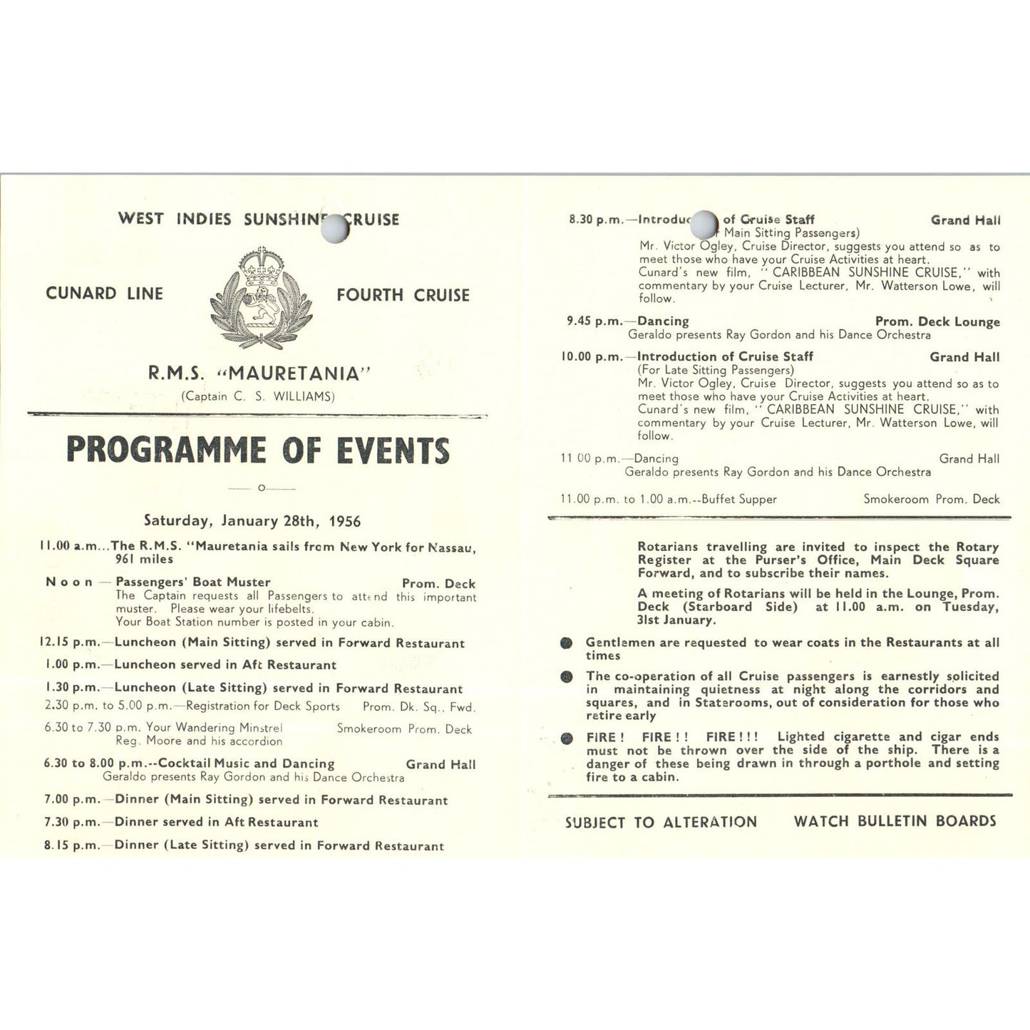 1956 Jan 28th RMS Mauretania Cunard Line Program Capt. C.S. Williams AB9
