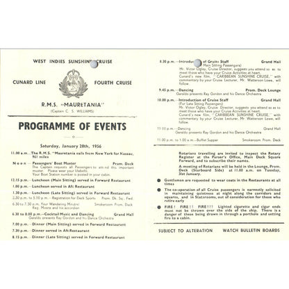 1956 Jan 28th RMS Mauretania Cunard Line Program Capt. C.S. Williams AB9