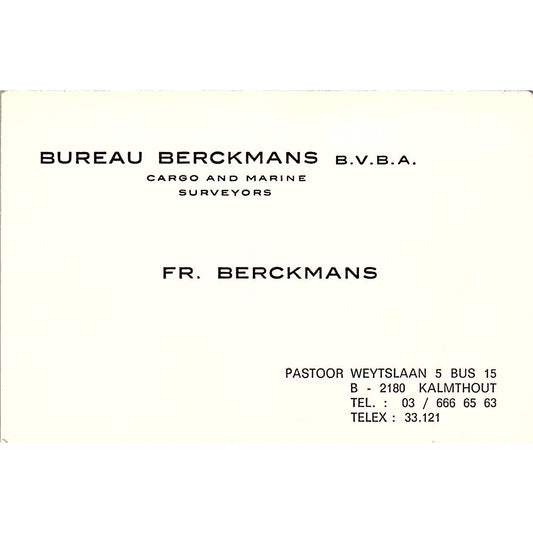 F.R. Berckmans Cargo & Marine Surveyors Kalmthout Vintage Business Card TH2-B1