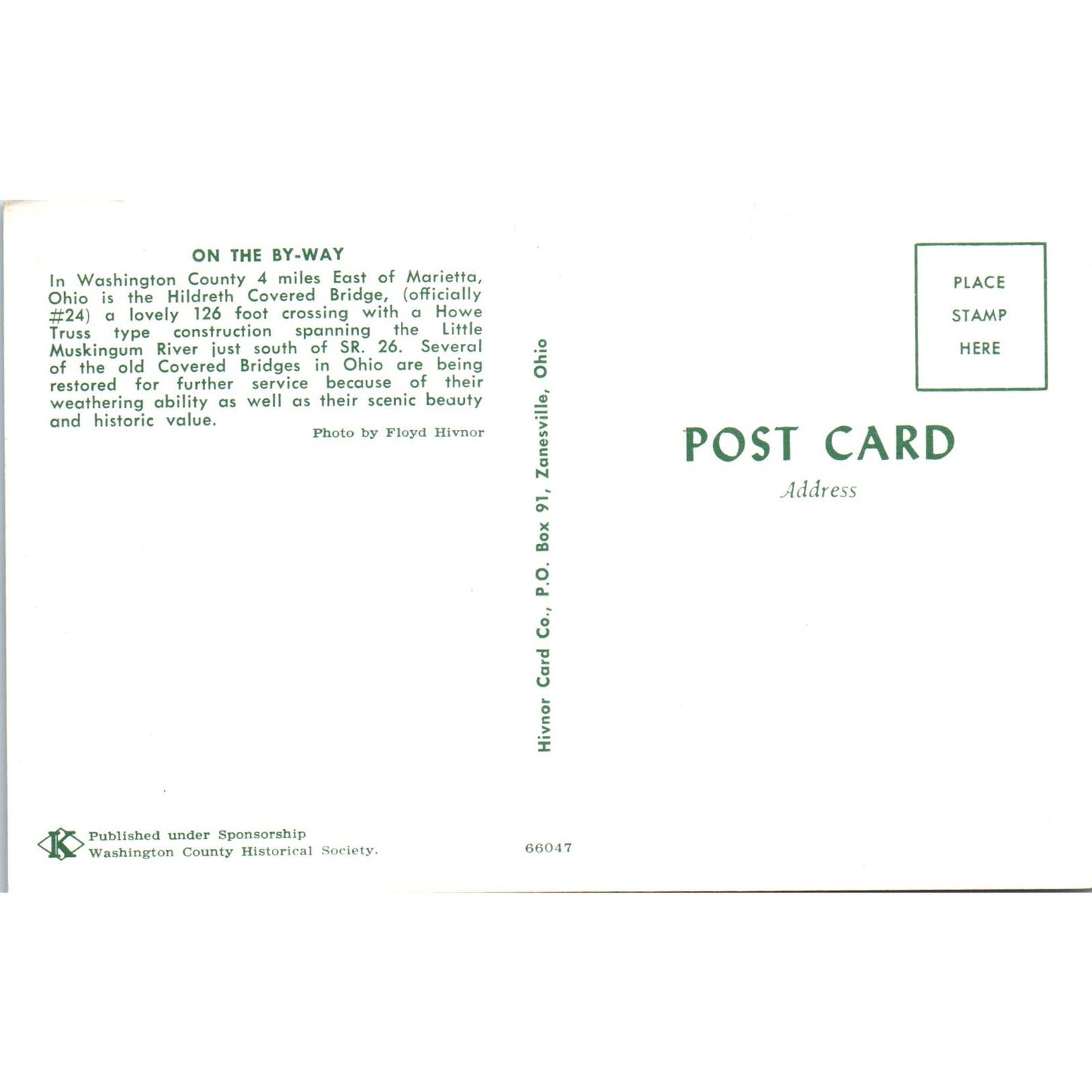 Hildreth Bridge Marietta Ohio Vintage Covered Bridge Postcard PC16