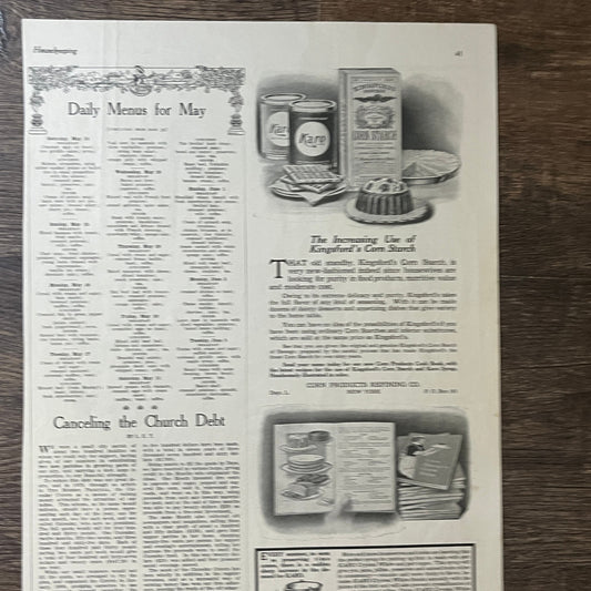 1913 Karo Corn Starch Daily Menus for May Vintage Magazine Ad 10x13 V8