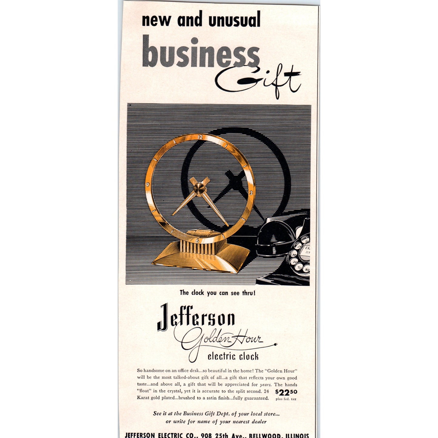 Jefferson Golden Hour Electric Clock Bellwood IL 1951 Magazine Ad D17