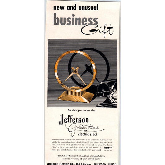 Jefferson Golden Hour Electric Clock Bellwood IL 1951 Magazine Ad D17
