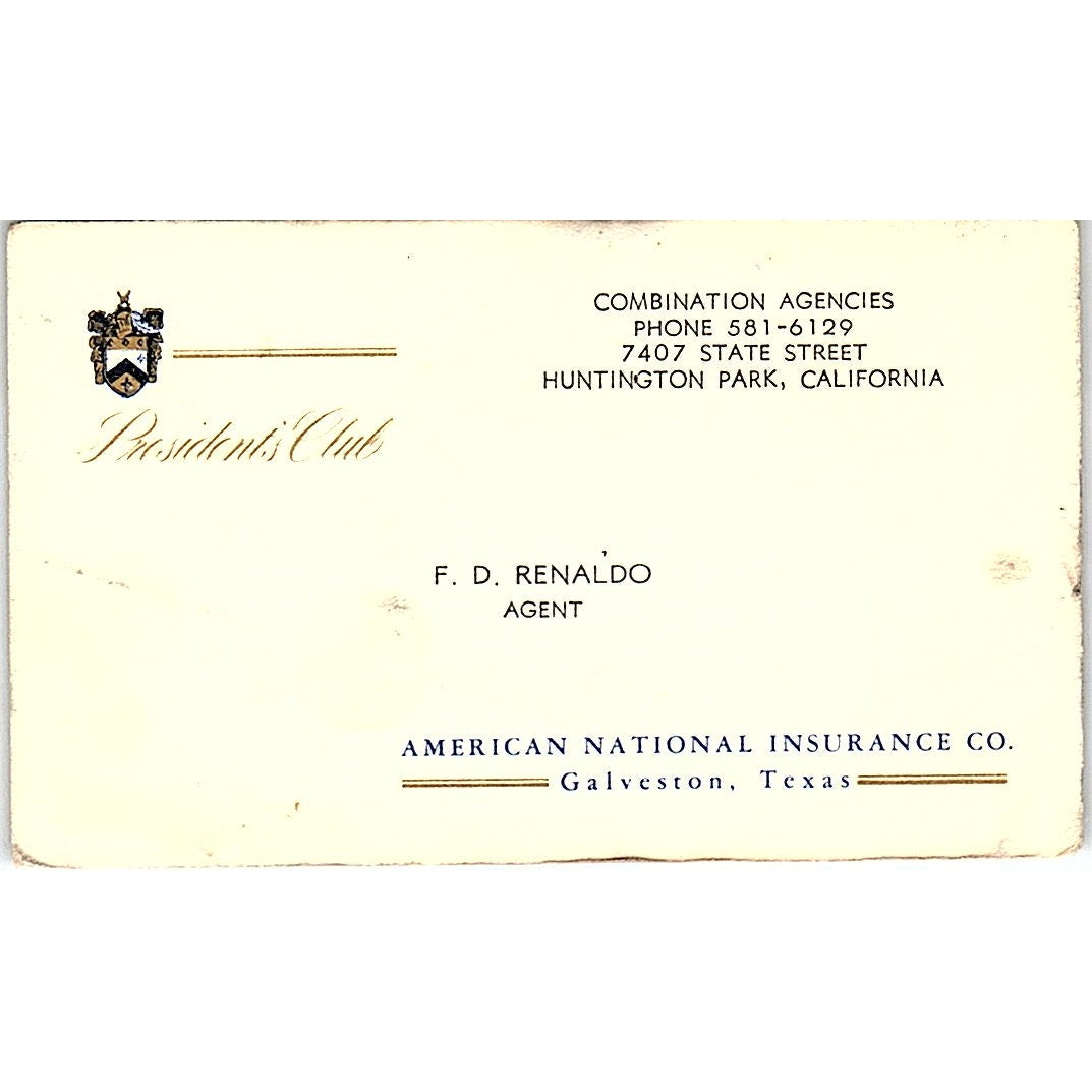 F.D. Renaldo American National Huntington Park CA Vintage Business Card SD9-B10