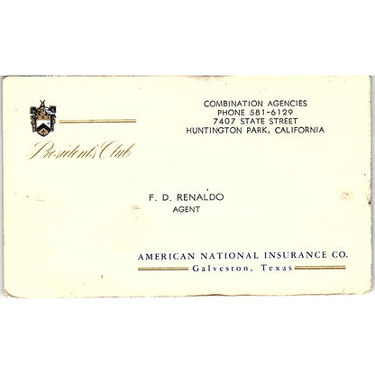 F.D. Renaldo American National Huntington Park CA Vintage Business Card SD9-B10
