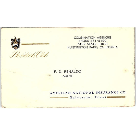 F.D. Renaldo American National Huntington Park CA Vintage Business Card SD9-B10
