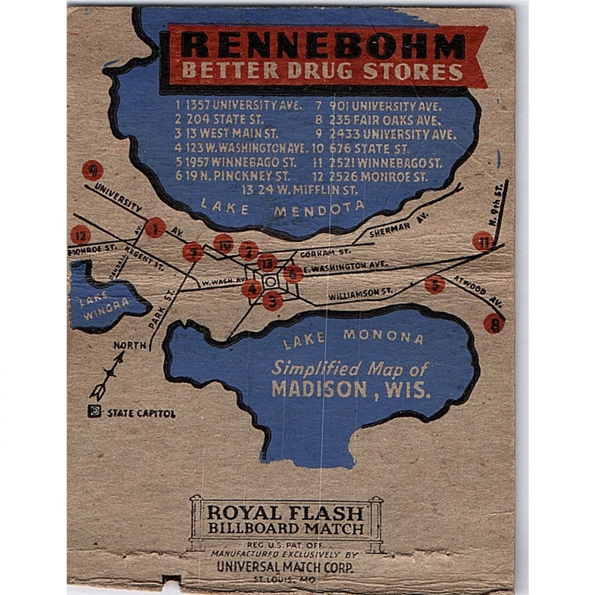 Rehoboam Drug Store Madison WI Landmarks Vintage Large Matchbook Cover ML1-7