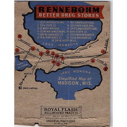 Rehoboam Drug Store Madison WI Landmarks Vintage Large Matchbook Cover ML1-7