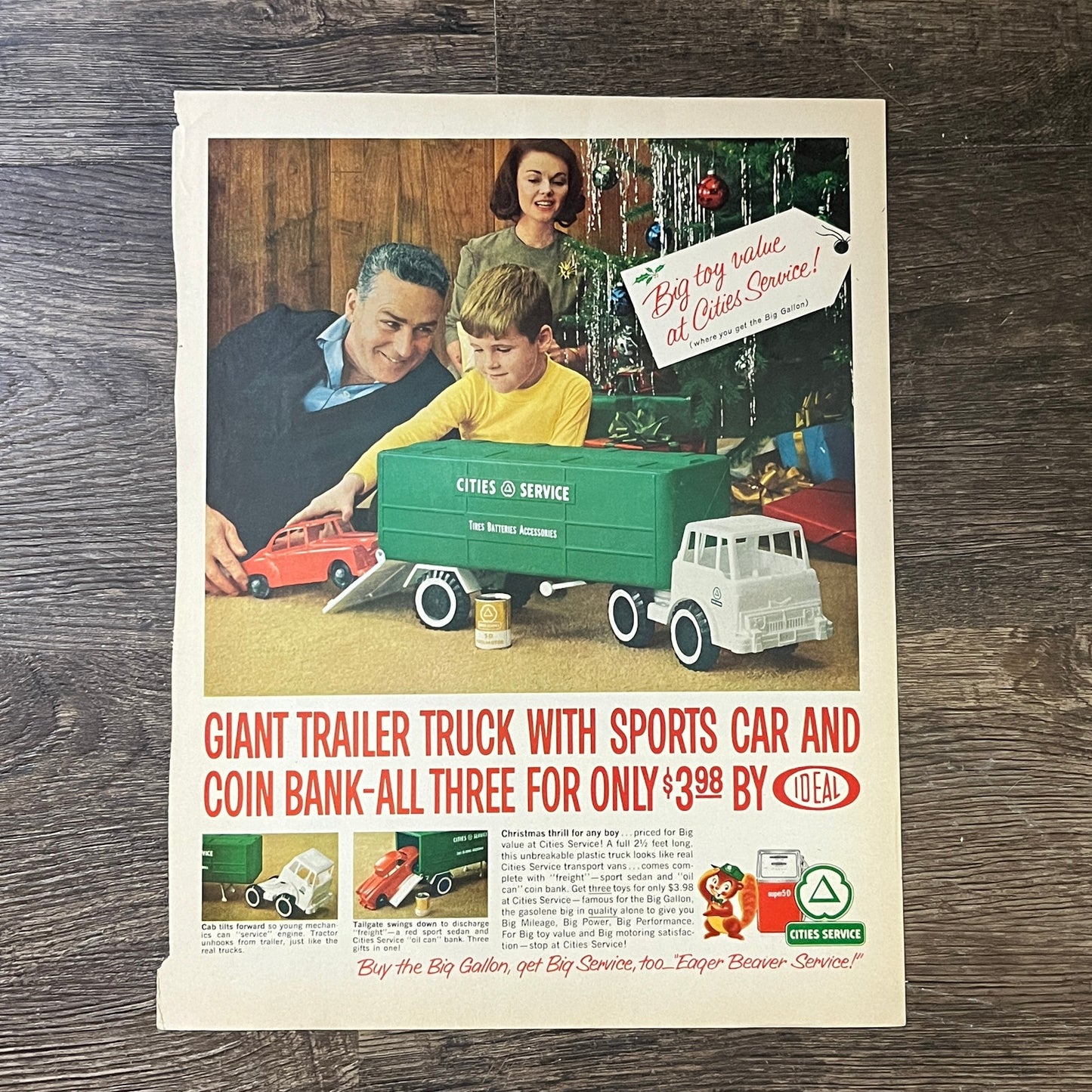 Vtg Christmas Cities Service Trailer Truck Sports Car & Coin Bank Ad 10x13 V3
