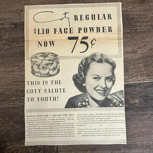 Coty Regular Face Powder - The Coty Salute to Youth 1935 Newspaper Ad V1-9