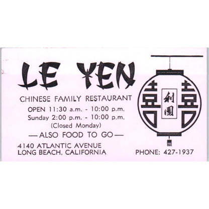 Le Yen Chinese Family Restaurant Long Beach CA Vintage Business Card SE3-B6