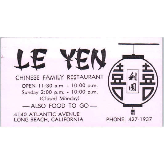 Le Yen Chinese Family Restaurant Long Beach CA Vintage Business Card SE3-B6