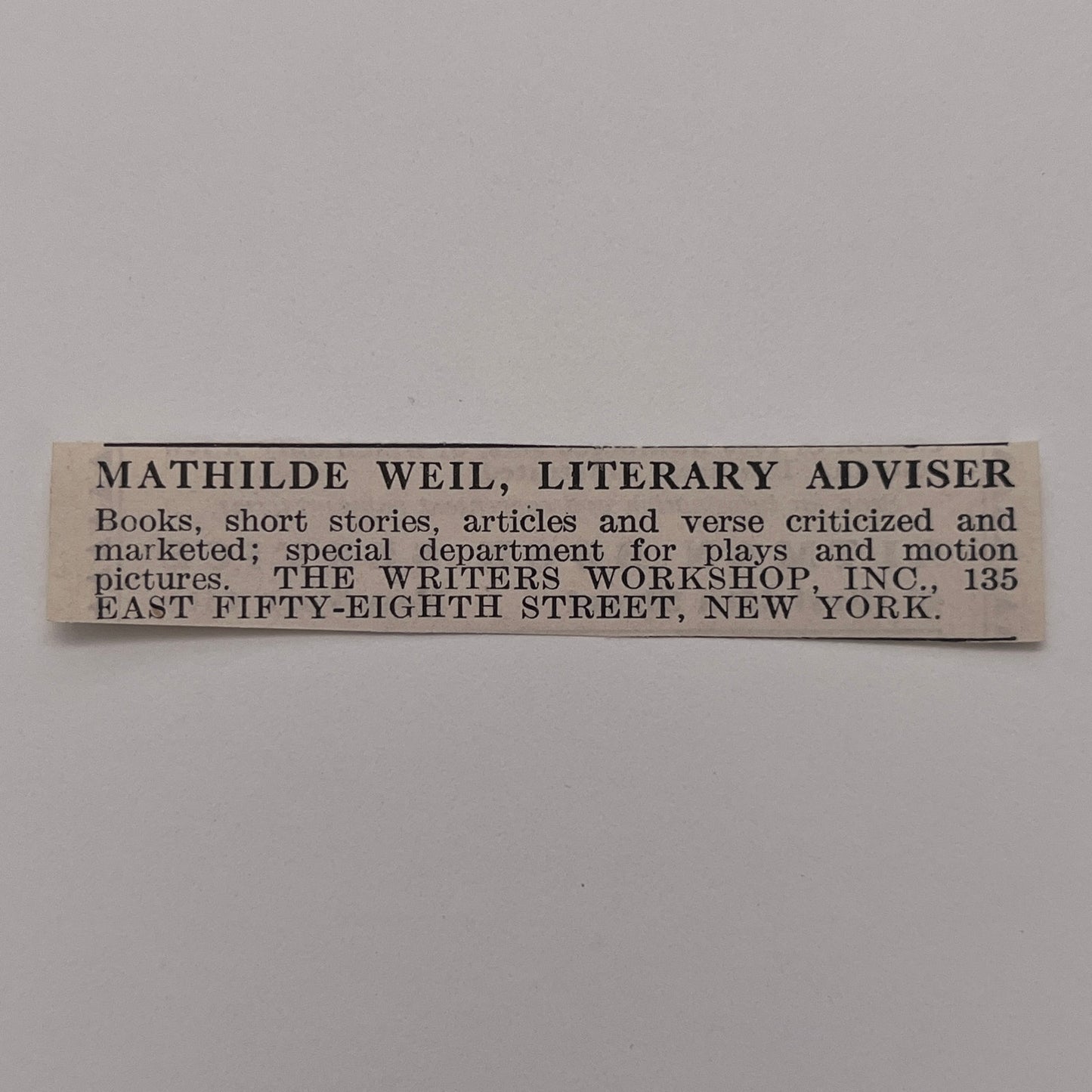 Mathilde Weil Literary Adviser The Writers Workshop Inc NY 1926 Ad AG3-S8