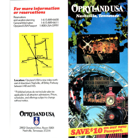 1980s Opryland USA Nashville Tennessee Fold Out Travel Brochure TF4-BC