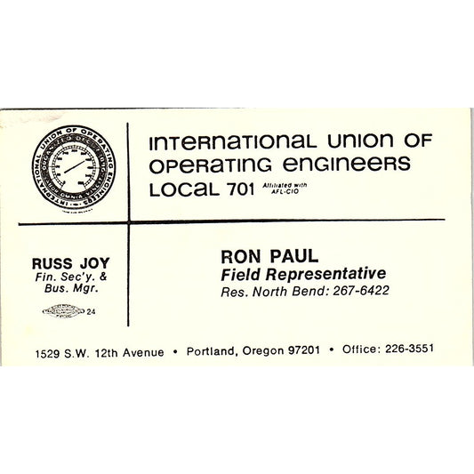 Ron Paul Operating Engineers Local 701 Portland OR Vintage Business Card SC9-B13