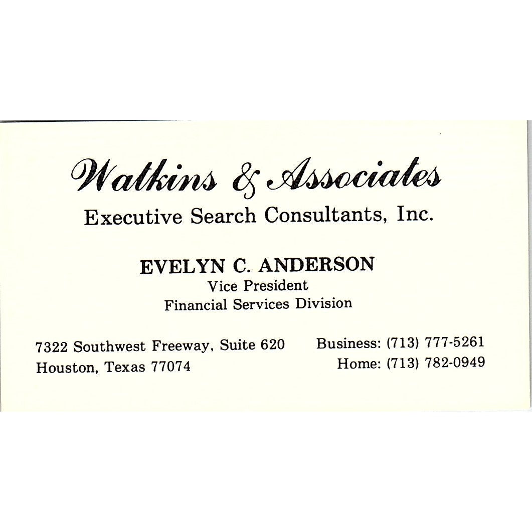 Watkins & Associates Evelyn C. Anderson Houston TX Vintage Business Card SF3-B7