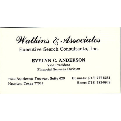 Watkins & Associates Evelyn C. Anderson Houston TX Vintage Business Card SF3-B7