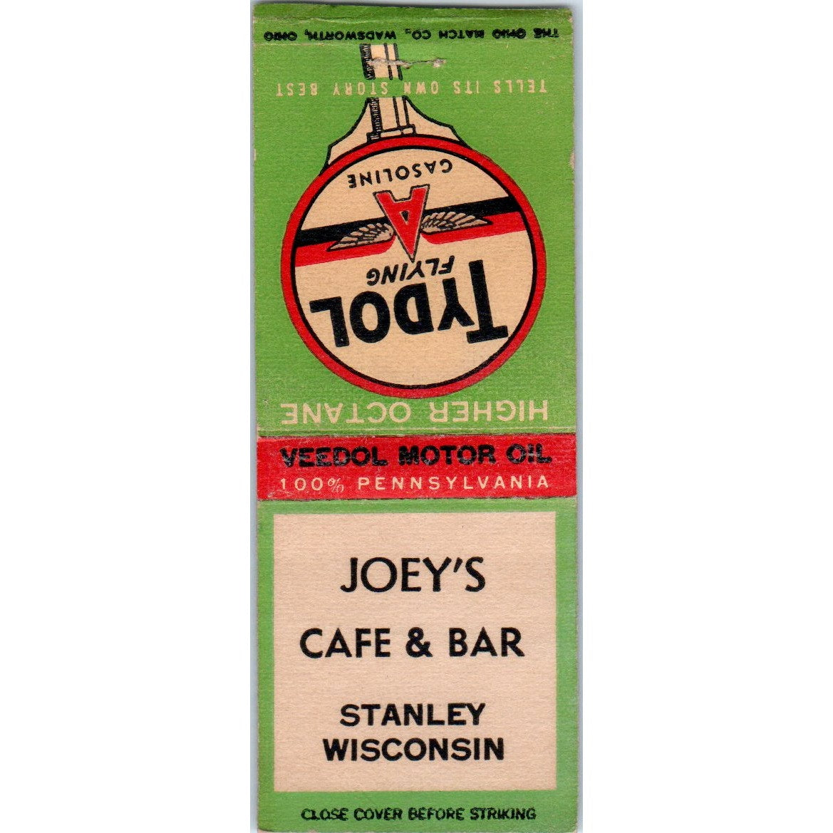 Joey's Cafe & Bar Stanley WI Tydol Flying A Gasoline Vintage Matchbook SD2-Y11