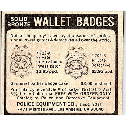 Police Equipment Co Novelty Badges Los Angeles CA 1974 Ad AG1-S17