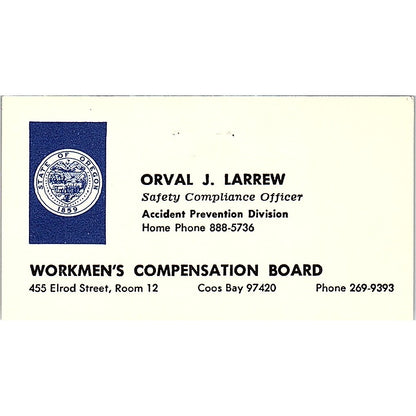 Workmen's Compensation Board Orval J. Larrew Vintage Business Card SF3-B3