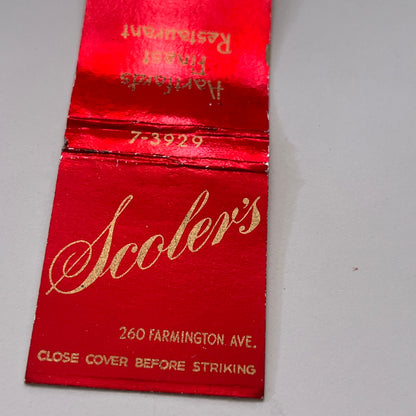 Scoler's Restaurant 260 Farmington Ave Hartford CT Vintage Matchbook TB8-MB-13