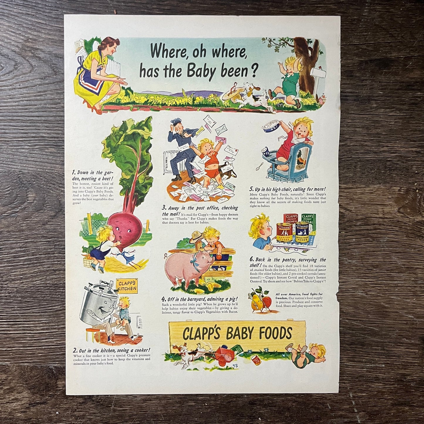 Clapp's Baby Foods Cartoon Vintage Magazine Ad 10x14 V7