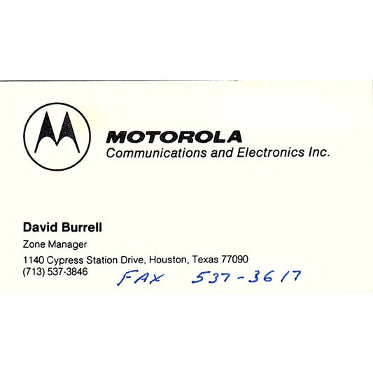 David Burrell Motorola Communications Houston Vintage Business Card SD9-B13