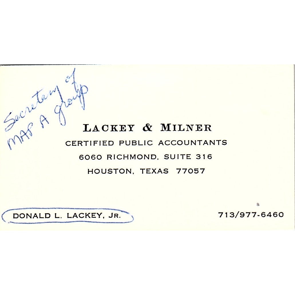 Donald L Lackey & Milner CPA Houston TX Vintage Business Card SD9-B1