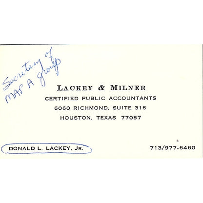 Donald L Lackey & Milner CPA Houston TX Vintage Business Card SD9-B1