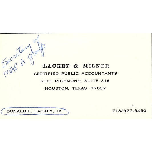 Donald L Lackey & Milner CPA Houston TX Vintage Business Card SD9-B1