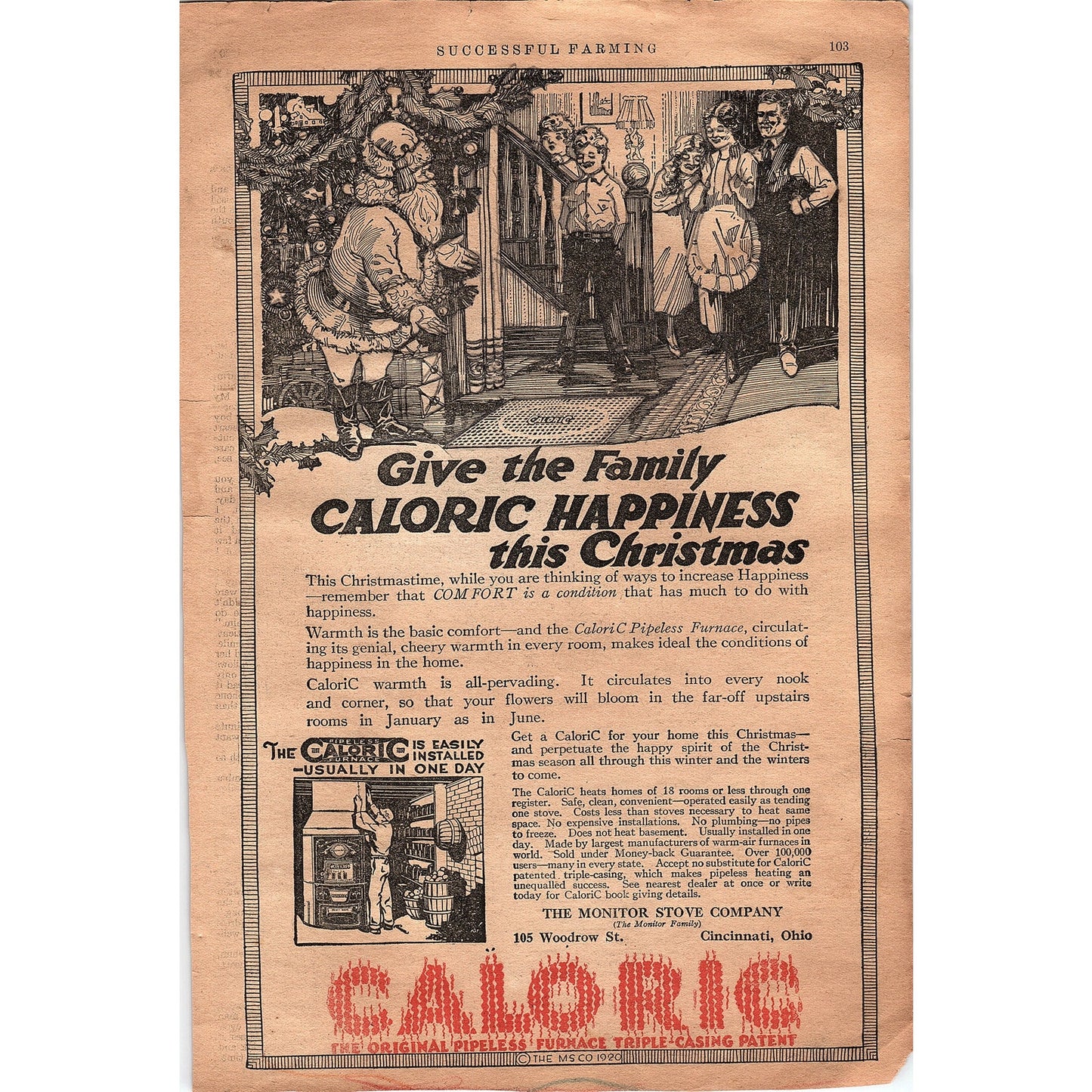 Caloric Pipeless Furnace Santa Christmas Monitor Stove Cincinnati 1920 Ad V1-3