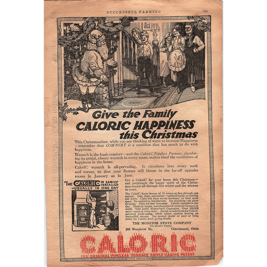 Caloric Pipeless Furnace Santa Christmas Monitor Stove Cincinnati 1920 Ad V1-3