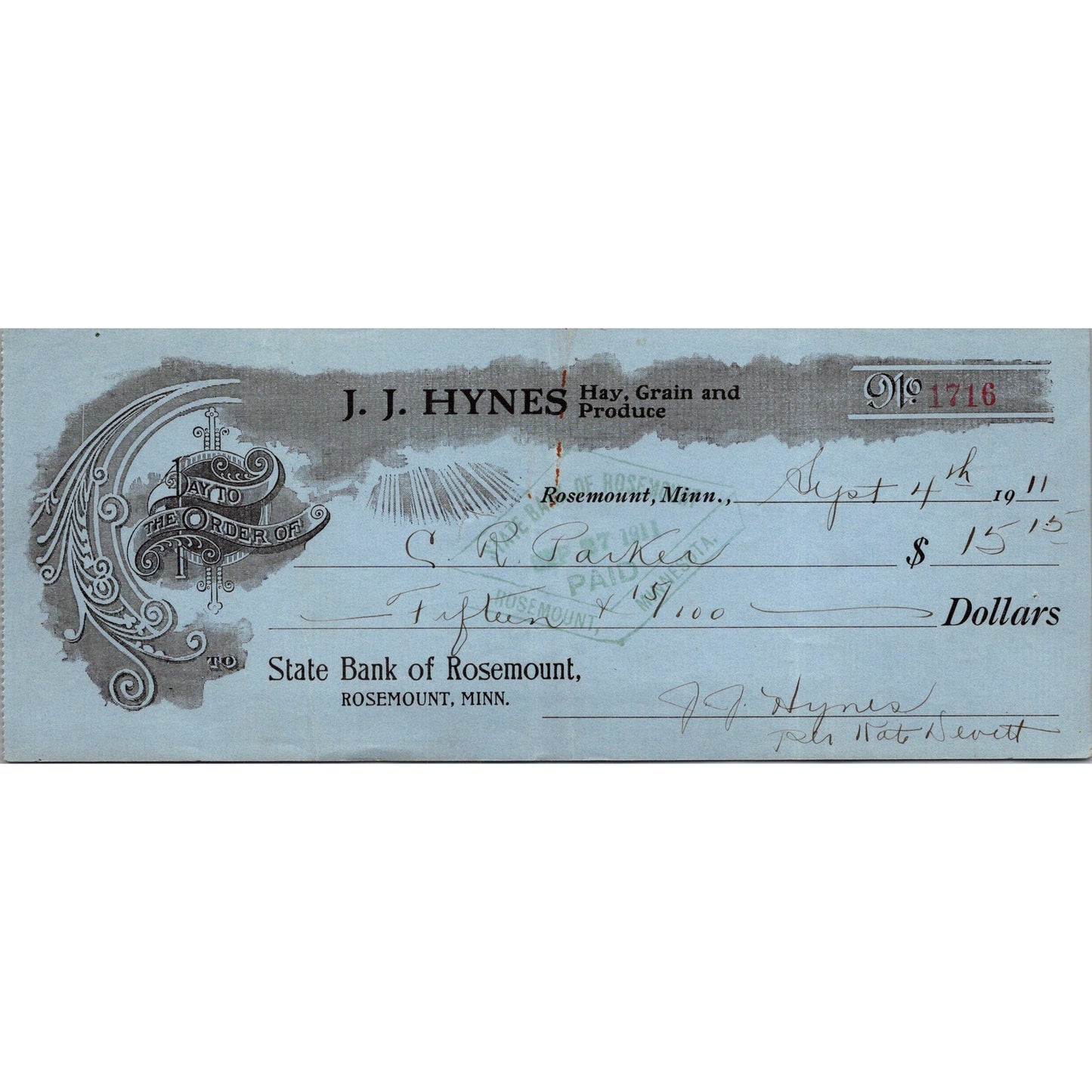 1911 J.J. Hynes Hay, Grain & Produce Rosemount MN Bank Check AJ4-3